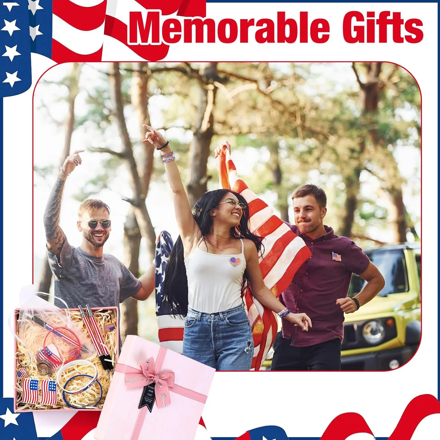 50 Sets 4th of July Party Favors Bulk Patriotic Party Favors Supplies USA Flag Keychains Bracelets Lapel Pins Ballpoint Pens Gift Bags for Independence Day Decorations Gift