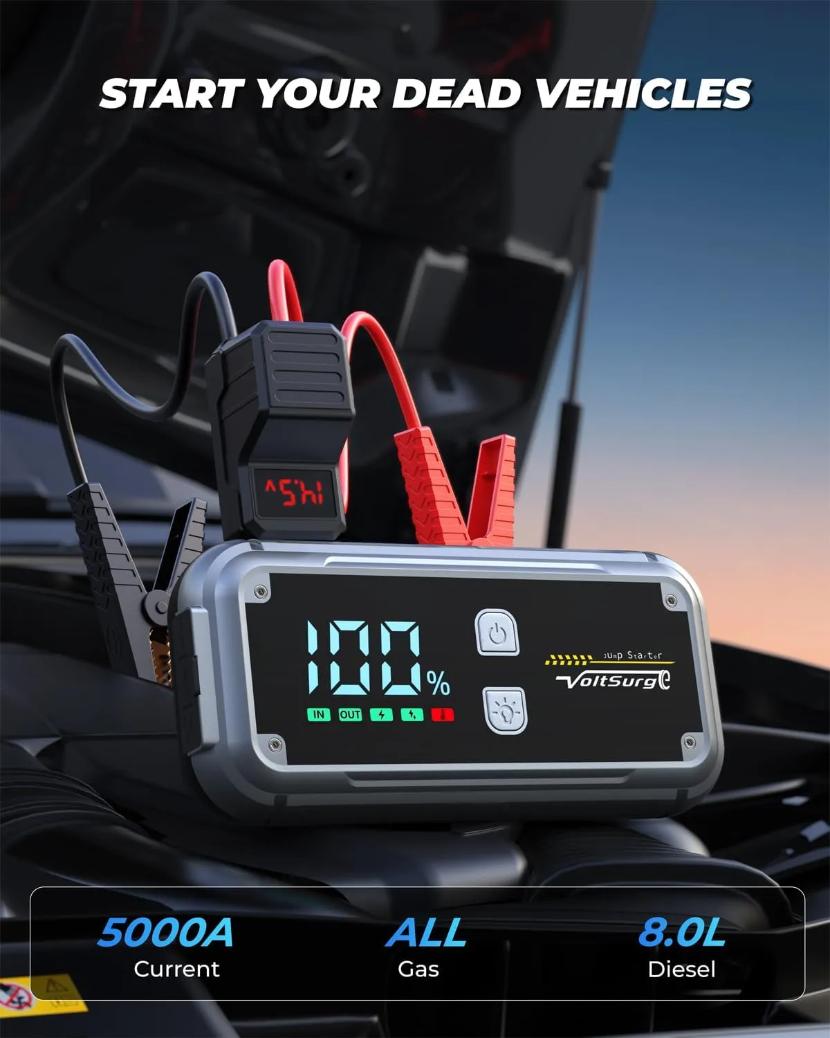 5000A Car Jump Starter, 12V Battery Jumper Starter Portable (up to All Gas 8.0L Diesel Engine) Large LCD Display Battery Charger Pack with QC3.0 and 4 LED Light Modes