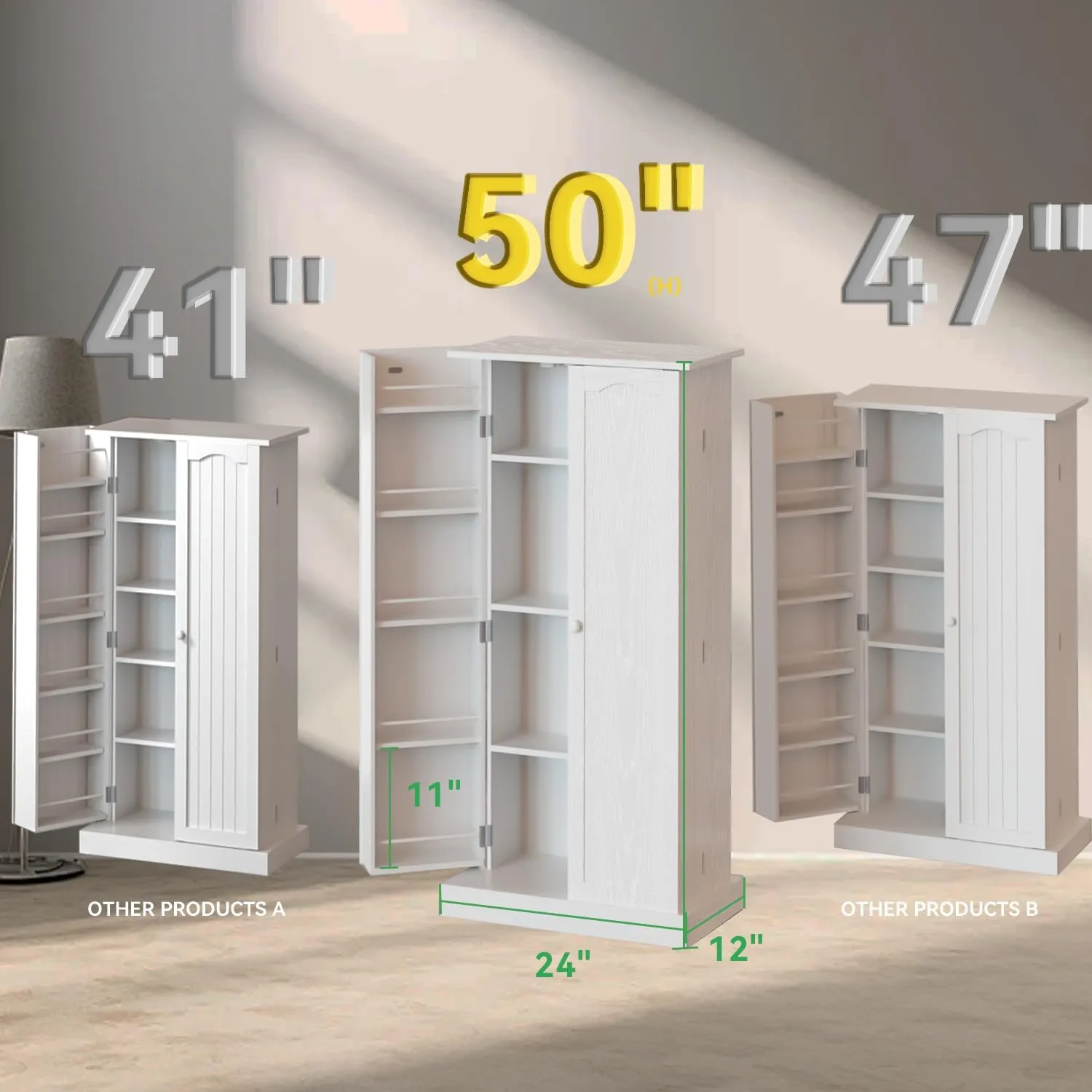 50" LED Kitchen Pantry Cabinet White Storage Cabinet Food Pantry with Doors and Adjustable Shelves Freestanding Buffet Cupboards Sideboard for Kitchen Living Room and Dinning Room