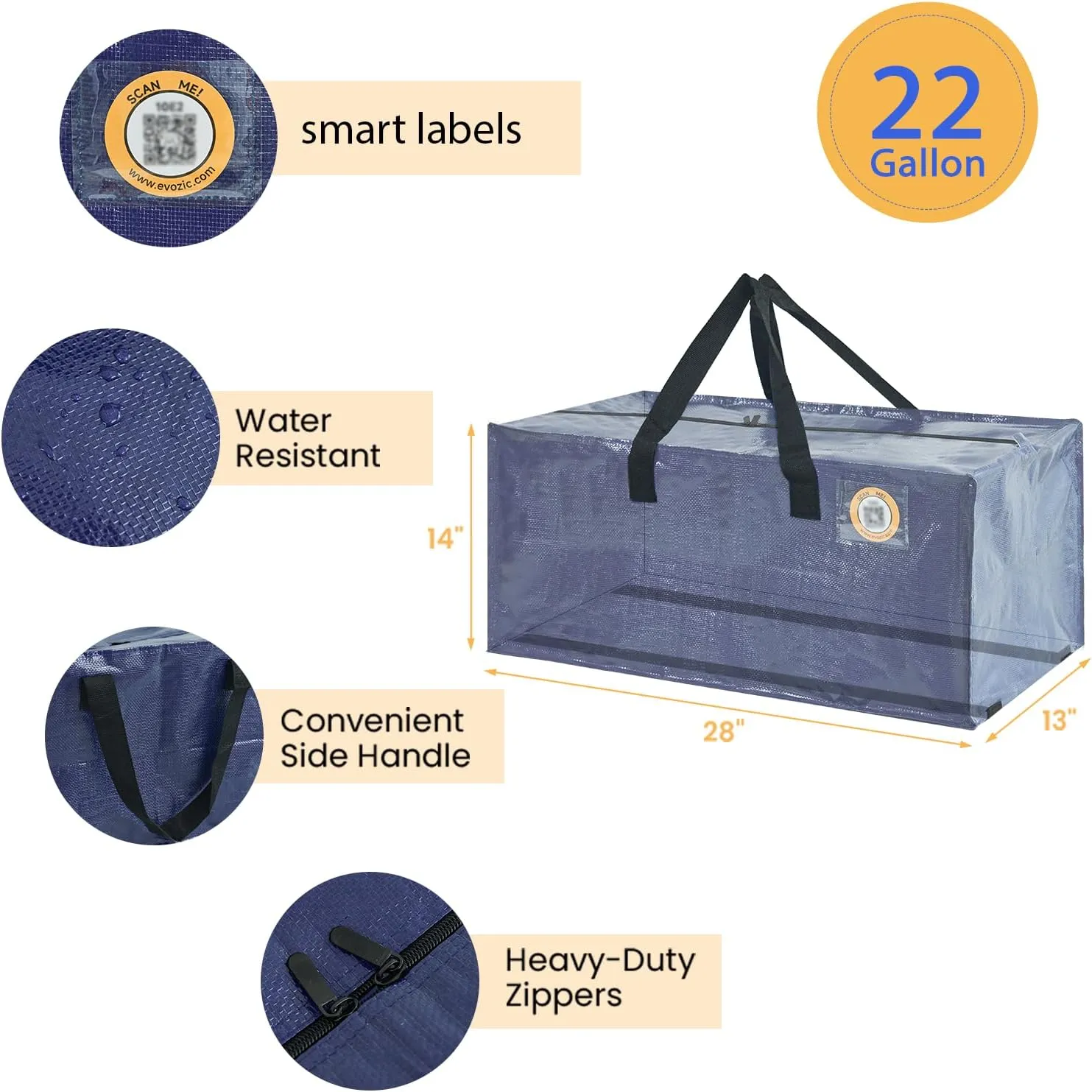 6 Pack Moving Bags Heavy Duty with Smart Label 22 Gallon Storage Bag Waterproof Moving Totes with Handles App Smart Search for College Moving Garage Storage Organization (Blue)