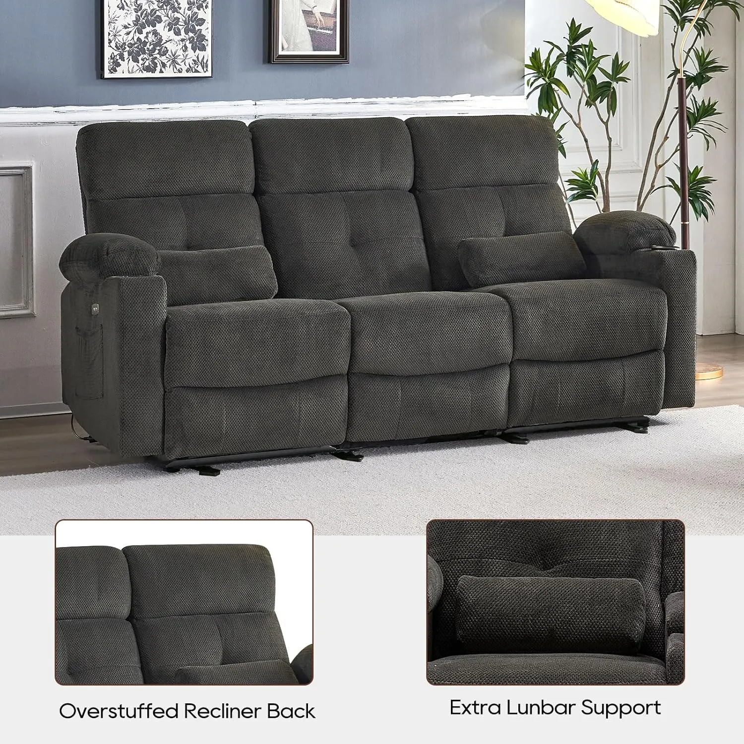 80'' Power Reclining Sofa with Heat and Massage, Wall Hugger Sofa Recliners, Electric Power Reclining Couch with USB Ports, Cup Holders, Recliner Sofa 3 Seater for Living Room