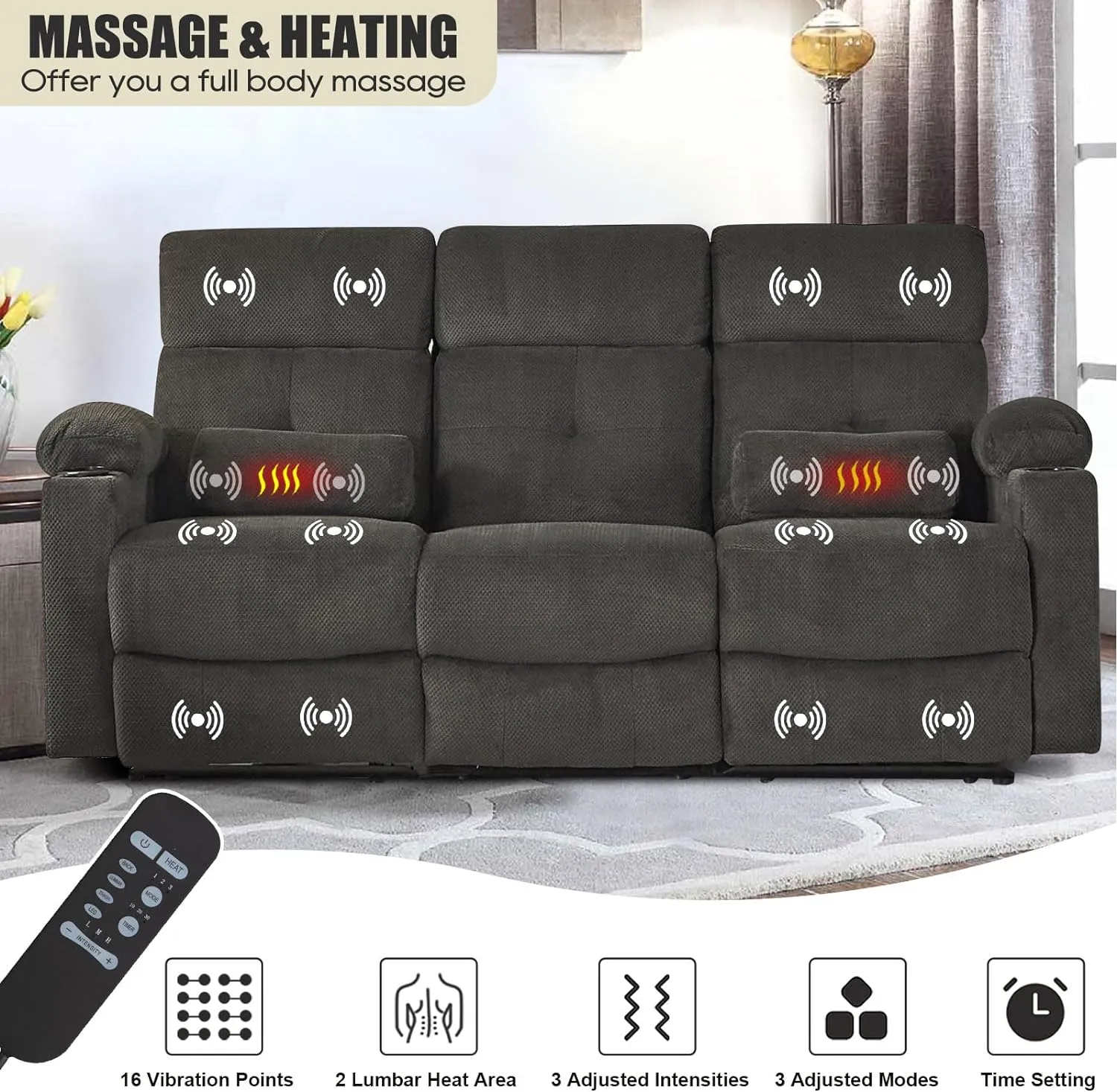 80'' Power Reclining Sofa with Heat and Massage, Wall Hugger Sofa Recliners, Electric Power Reclining Couch with USB Ports, Cup Holders, Recliner Sofa 3 Seater for Living Room