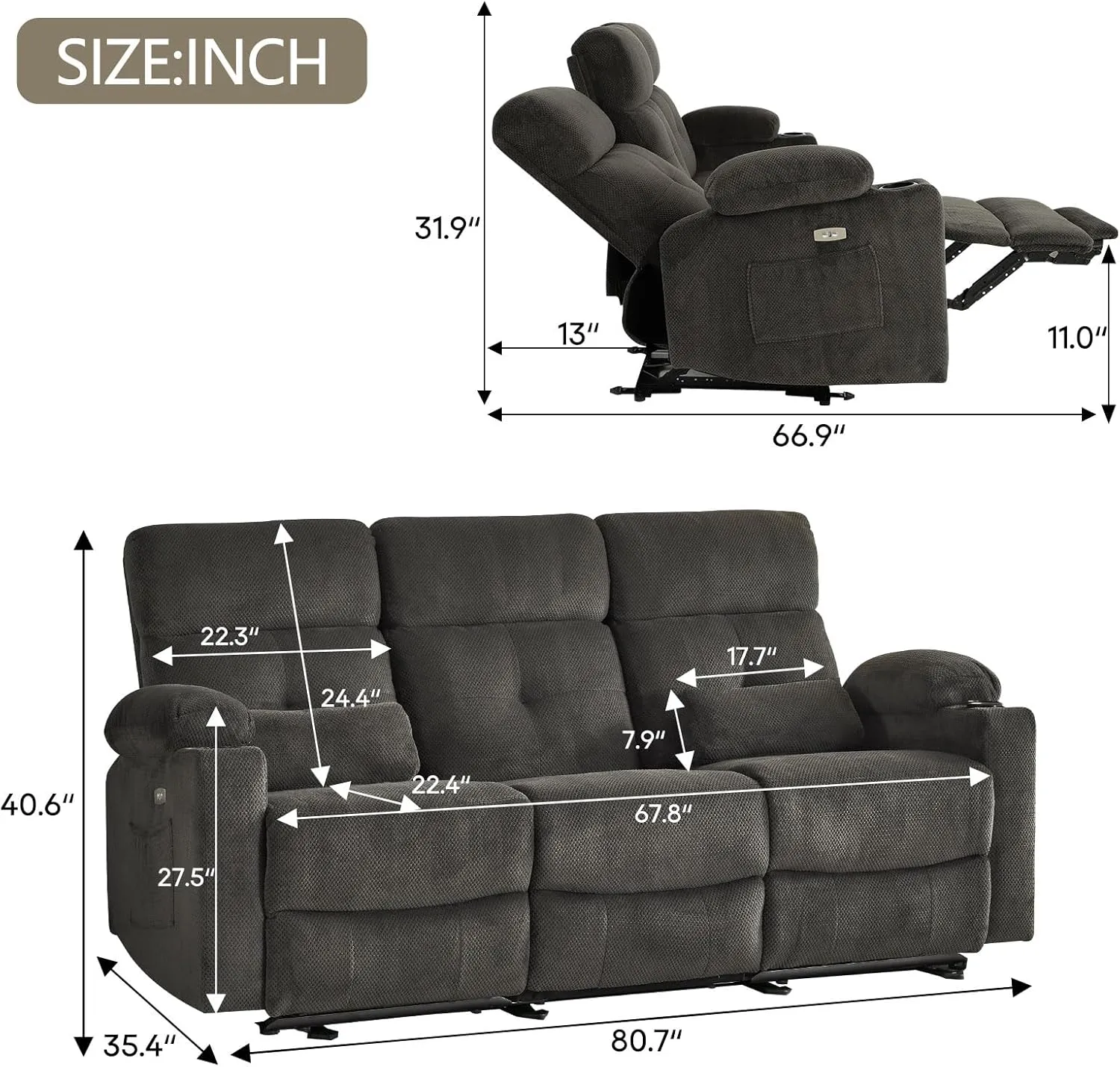 80'' Power Reclining Sofa with Heat and Massage, Wall Hugger Sofa Recliners, Electric Power Reclining Couch with USB Ports, Cup Holders, Recliner Sofa 3 Seater for Living Room
