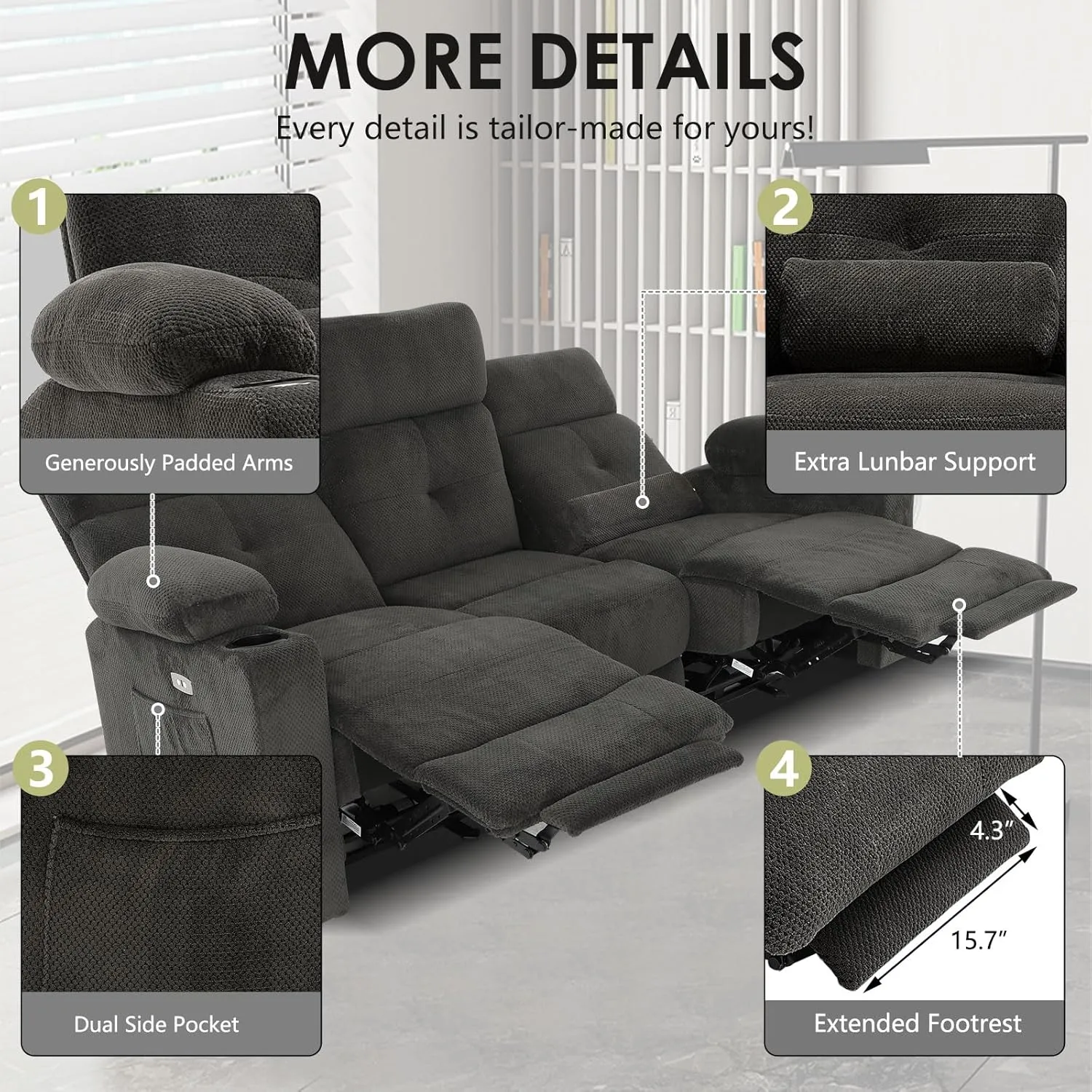 80'' Power Reclining Sofa with Heat and Massage, Wall Hugger Sofa Recliners, Electric Power Reclining Couch with USB Ports, Cup Holders, Recliner Sofa 3 Seater for Living Room
