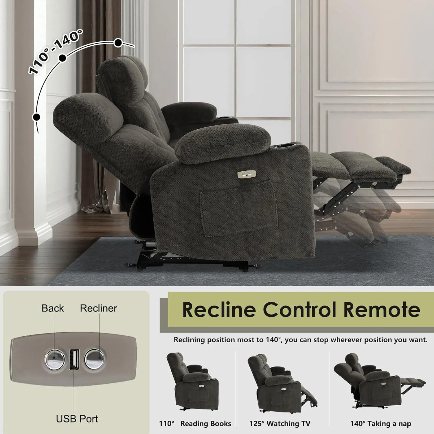 80'' Power Reclining Sofa with Heat and Massage, Wall Hugger Sofa Recliners, Electric Power Reclining Couch with USB Ports, Cup Holders, Recliner Sofa 3 Seater for Living Room
