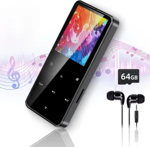 80GB MP3 Player with Bluetooth Portable HiFi Music Player with HD Speaker, Lossless Sound, FM Radio, Voice Recorder, Touch Buttons, E-Book (Alloy Metal, Earphones & 16GB   64GB Card Included)