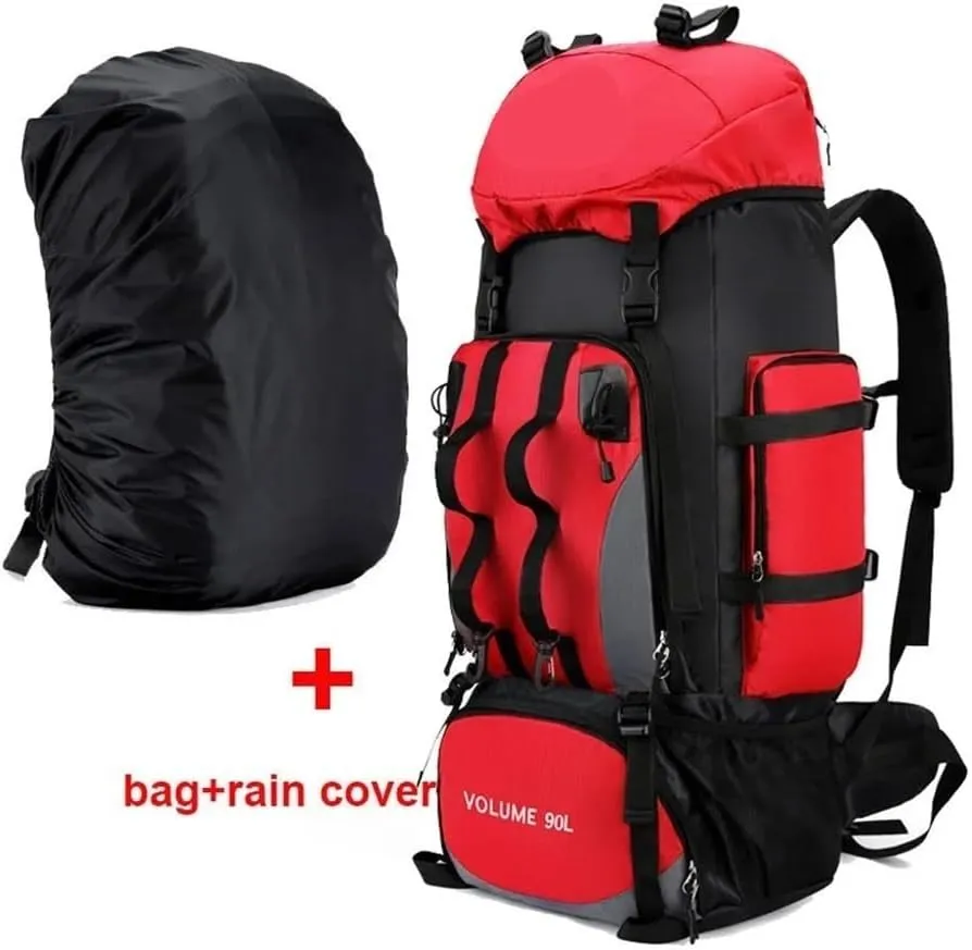 90L Waterproof Hiking Camping Backpack Trekking Bag Rucksack Large Capacity Travel Outdoor Sports Bags Camping Equipment Men(Red ad cover)