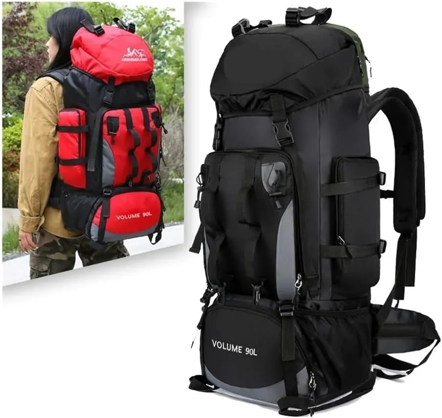 90L Waterproof Hiking Camping Backpack Trekking Bag Rucksack Large Capacity Travel Outdoor Sports Bags Camping Equipment Men(Red ad cover)