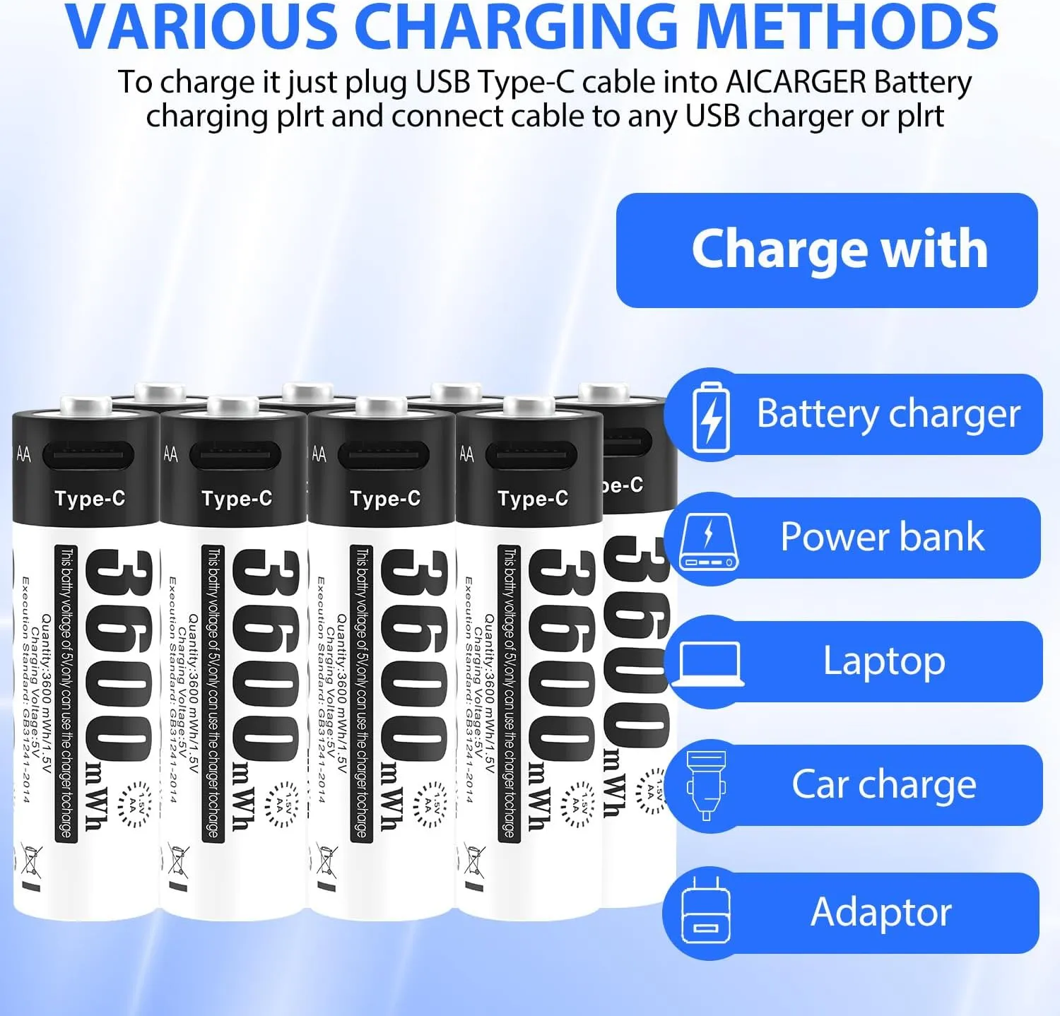 AA Batteries 1.5 V Lithium-ion Rechargeable Batteries, Pack of 8, high-Performance, Fast, Long-Lasting USB-C Charging, 3600 mWh, with 4-in-1 Type C Charging Cable and Storage case