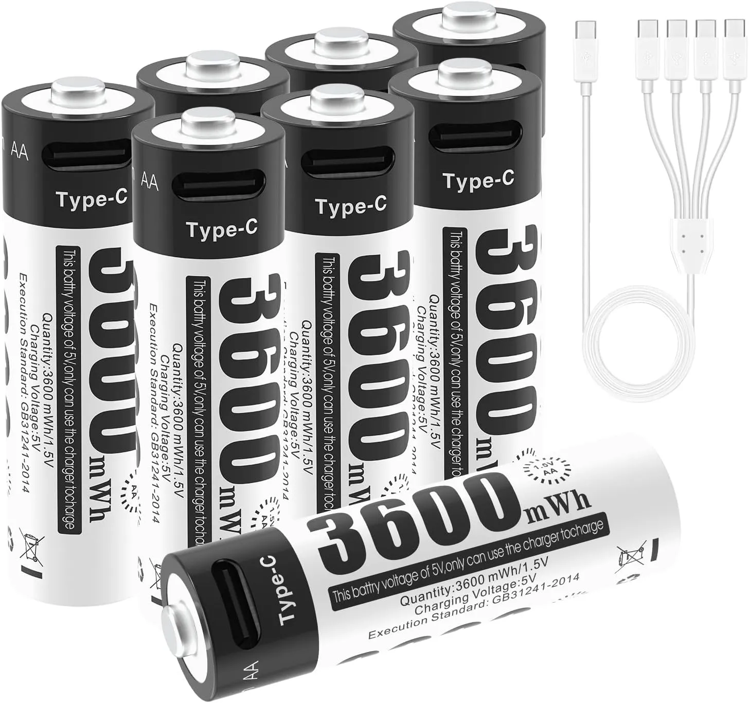 AA Batteries 1.5 V Lithium-ion Rechargeable Batteries, Pack of 8, high-Performance, Fast, Long-Lasting USB-C Charging, 3600 mWh, with 4-in-1 Type C Charging Cable and Storage case