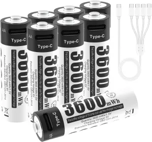 AA Batteries 1.5 V Lithium-ion Rechargeable Batteries, Pack of 8, high-Performance, Fast, Long-Lasting USB-C Charging, 3600 mWh, with 4-in-1 Type C Charging Cable and Storage case