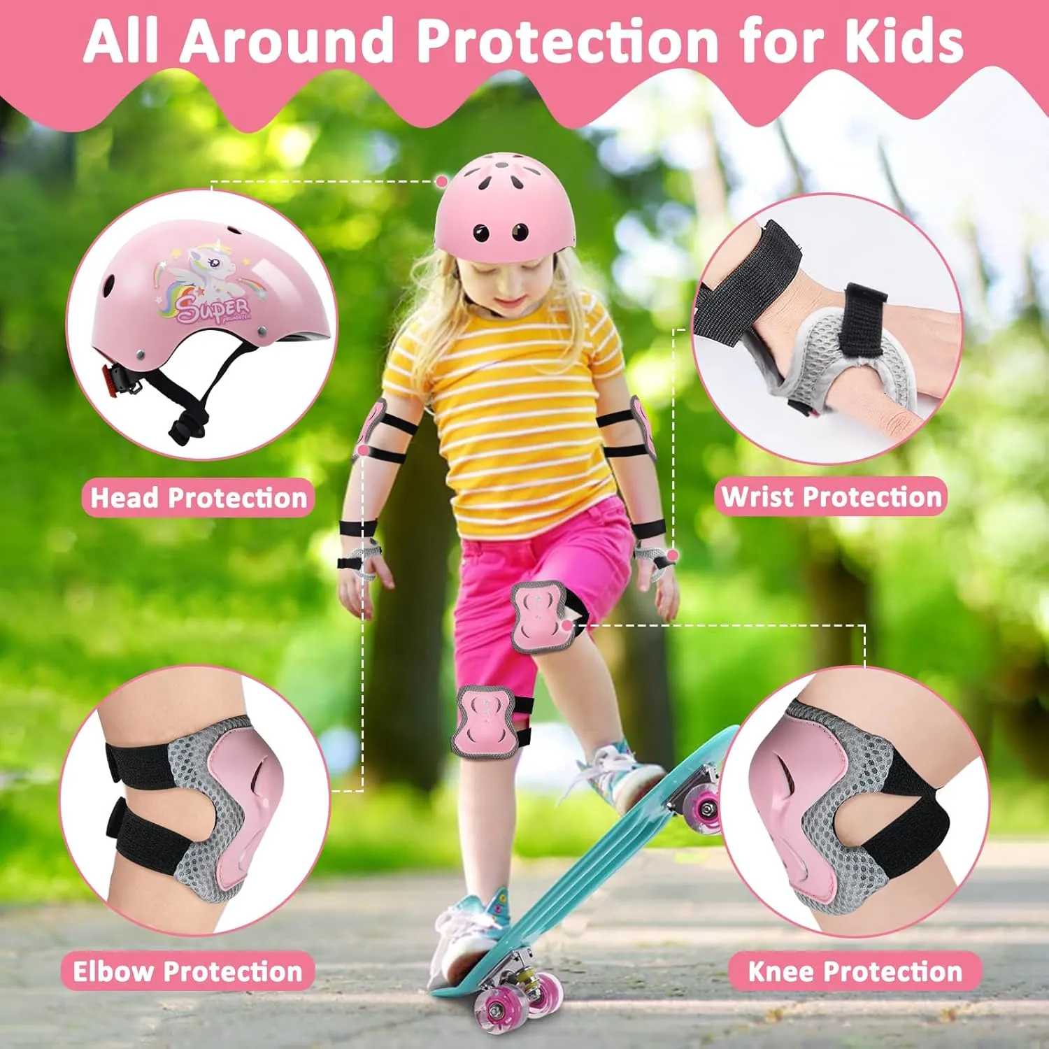 Adjustable Kids Bike Helmet Set with Knee, Elbow and Wrist Pads, Toddler Helmet for Ages 3-5-8-14 Boys Girls, Protective Gear Set for 3-14 Kids & Youth, for Bikes Skateboards Rollerskates