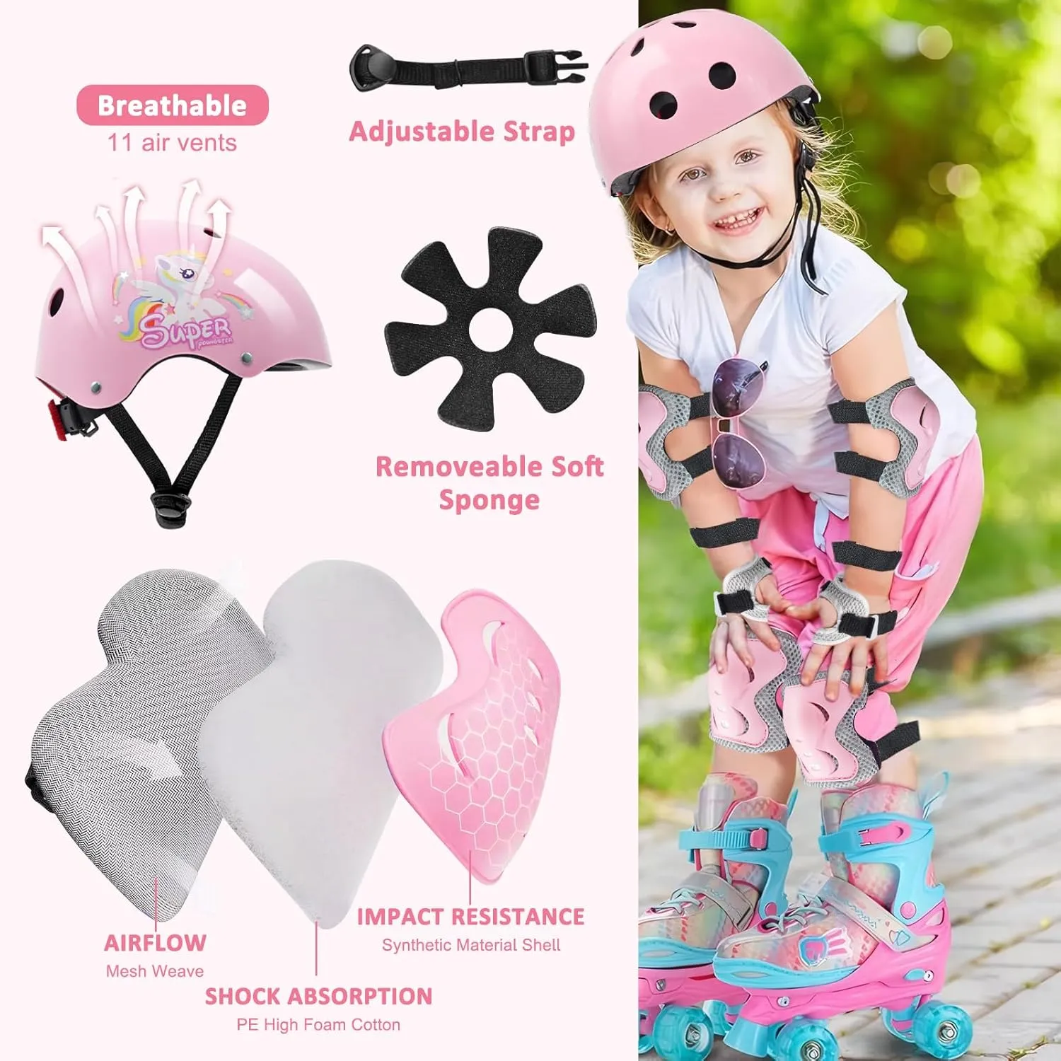 Adjustable Kids Bike Helmet Set with Knee, Elbow and Wrist Pads, Toddler Helmet for Ages 3-5-8-14 Boys Girls, Protective Gear Set for 3-14 Kids & Youth, for Bikes Skateboards Rollerskates