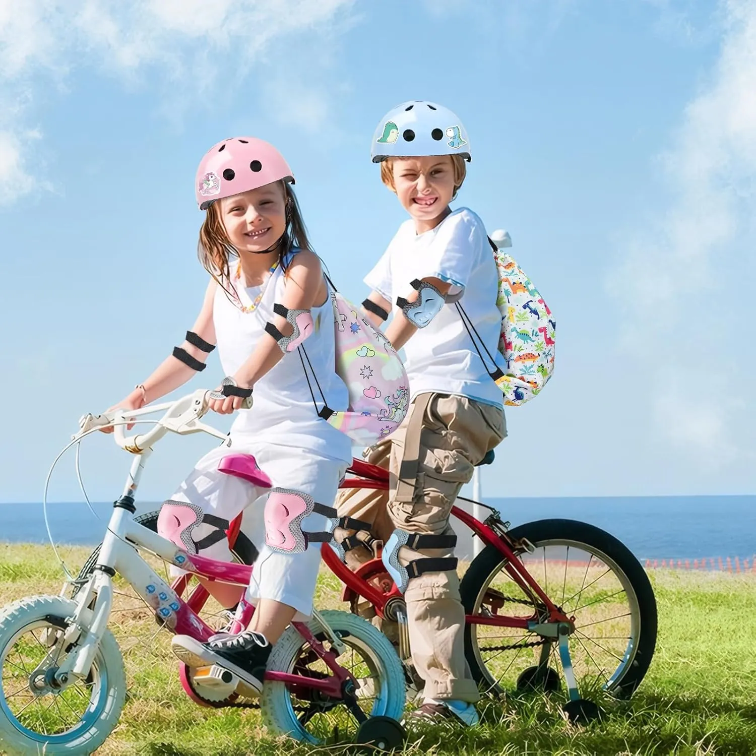Adjustable Kids Bike Helmet Set with Knee, Elbow and Wrist Pads, Toddler Helmet for Ages 3-5-8-14 Boys Girls, Protective Gear Set for 3-14 Kids & Youth, for Bikes Skateboards Rollerskates