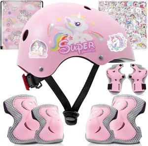 Adjustable Kids Bike Helmet Set with Knee, Elbow and Wrist Pads, Toddler Helmet for Ages 3-5-8-14 Boys Girls, Protective Gear Set for 3-14 Kids & Youth, for Bikes Skateboards Rollerskates