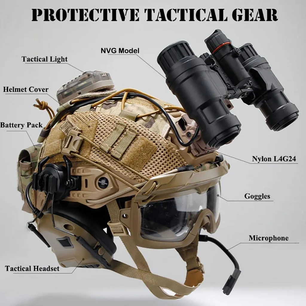 Airsoft Fast Helmet with Tactical Noise Cancelling Headset Paintball Goggles Mask Light Battery Bag NVG Model and Nylon L4G24 Outdoor Protective CS Tactical Gear A L