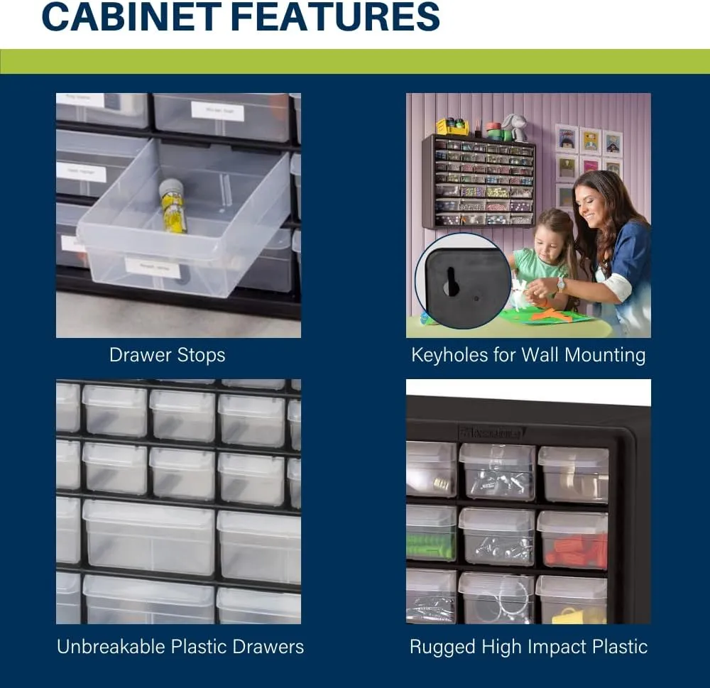 Akro-Mils 44-Drawer Plastic Drawer Storage Cabinet for Garage Organization, Bead Organizer, Building Bricks Storage, Teacher Toolbox, Makeup Organizer, 20-Inch W x 6-Inch D x 16-Inch H, 10144 Black