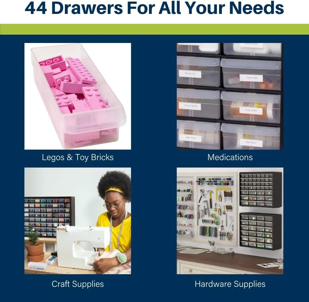 Akro-Mils 44-Drawer Plastic Drawer Storage Cabinet for Garage Organization, Bead Organizer, Building Bricks Storage, Teacher Toolbox, Makeup Organizer, 20-Inch W x 6-Inch D x 16-Inch H, 10144 Black