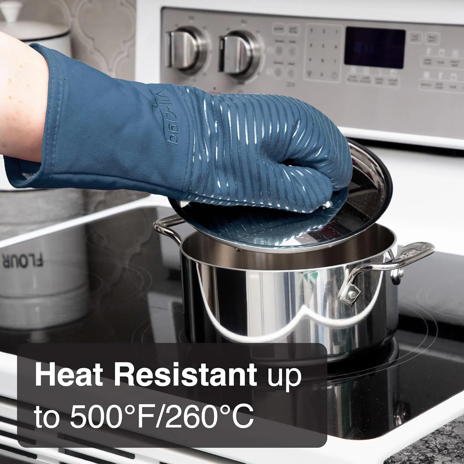 All-Clad Premium Silicone Oven Mitts: Heat Resistant to 500 Degrees - 100% Cotton & Silicone, 14"x7" Pot Holders for Kitchen and Barbeque, (2-Pack), Indigo