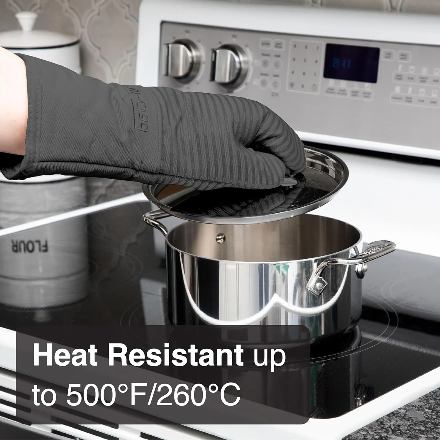 All-Clad Silicone Oven Mitts: Heat Resistant up to 500 Degrees - 100% Cotton & Silicone, 14"x7" Oven Mitt for Kitchen and Barbeque, 2-Pack, Pewter