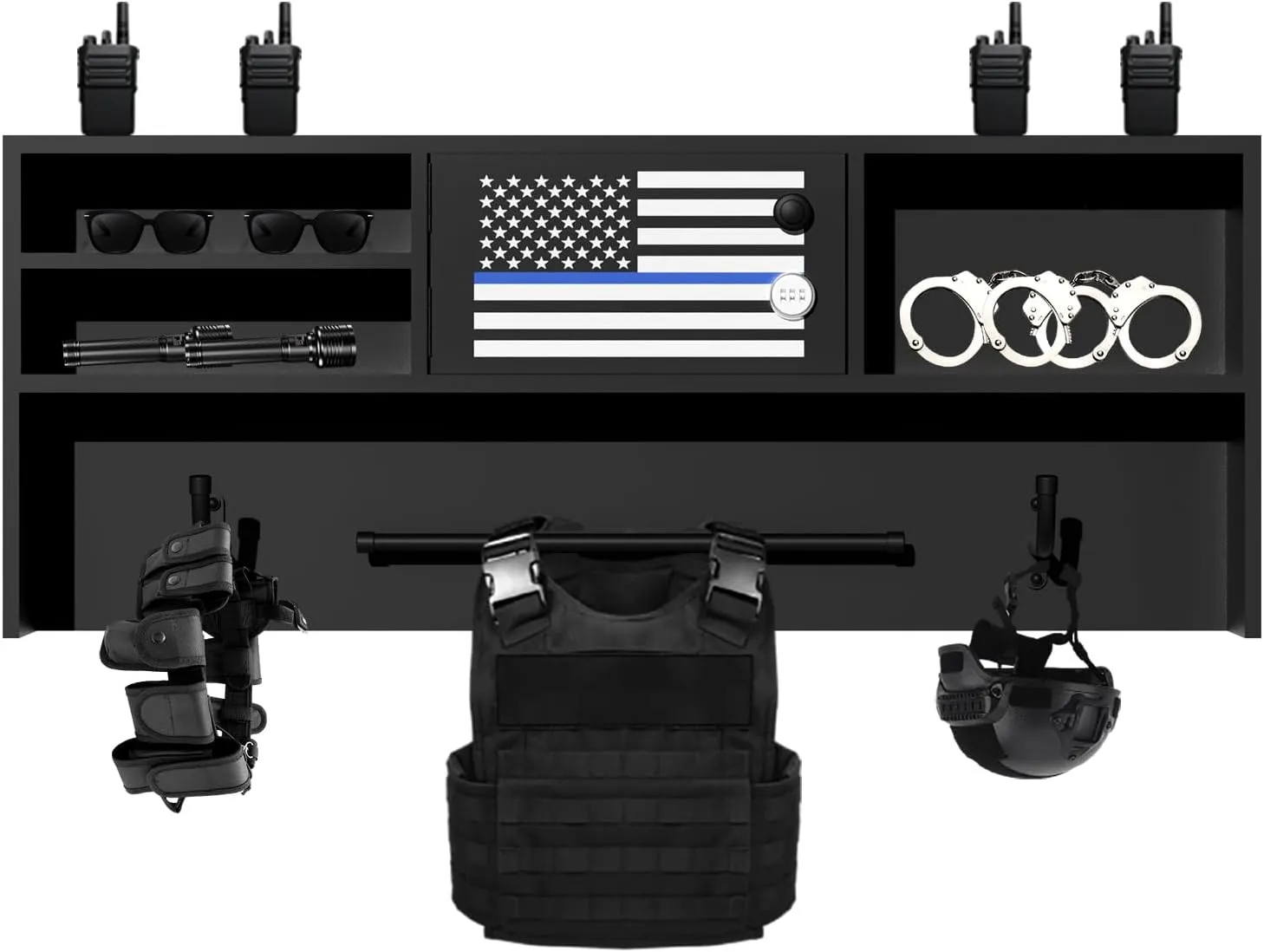Alloy Steel Police Gear Rack, Wall-Mountable with Keypad Lock - Duty Gear Rack Police with Free Flag - for Police Stations, Fire Departments & Tactical Gear Wall Mount Needs