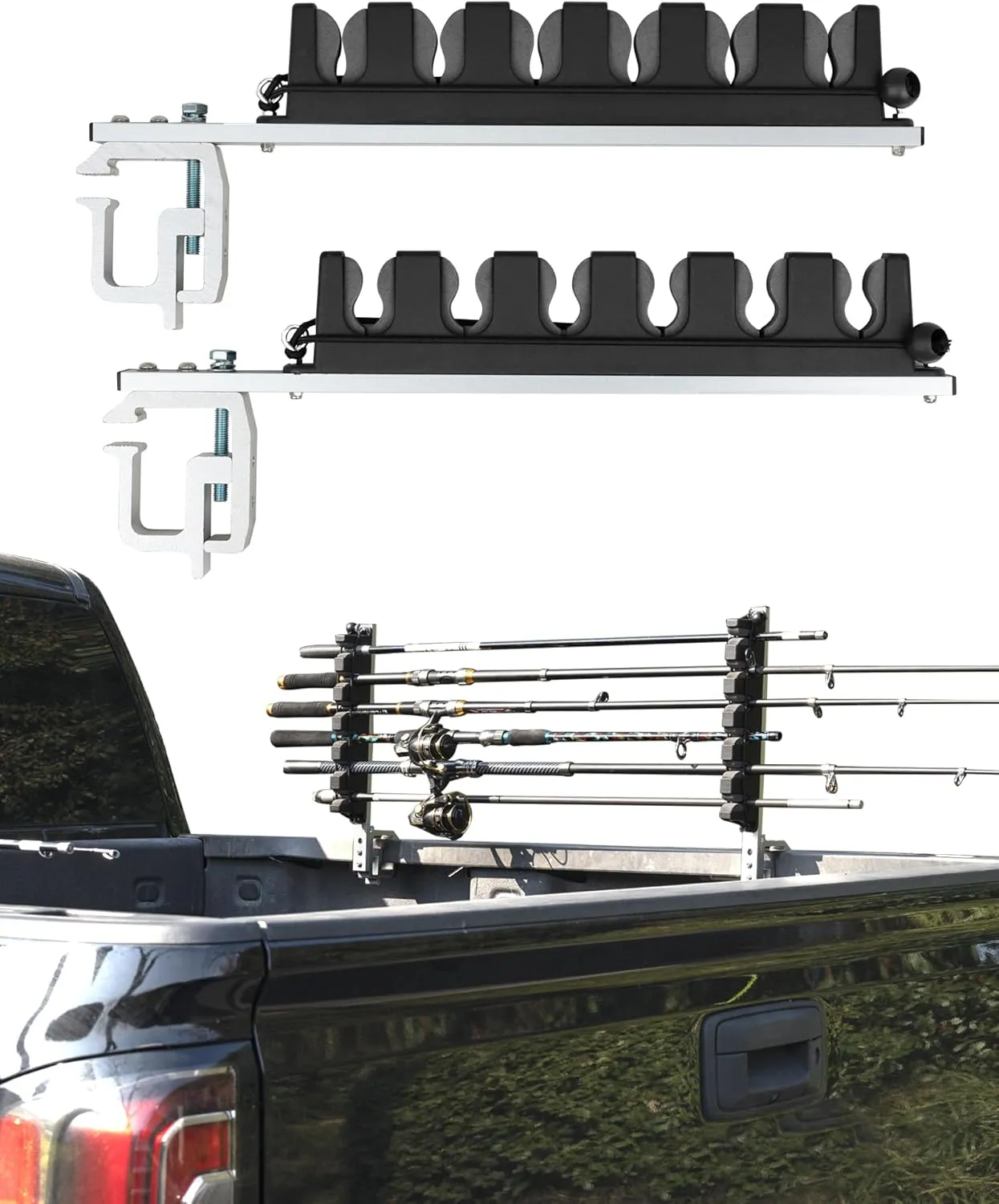 Aluminum Clamp on Fly Fishing Rod Holders for Truck Bed, Holds Fishing Rods and Reels for Pickup or Boat