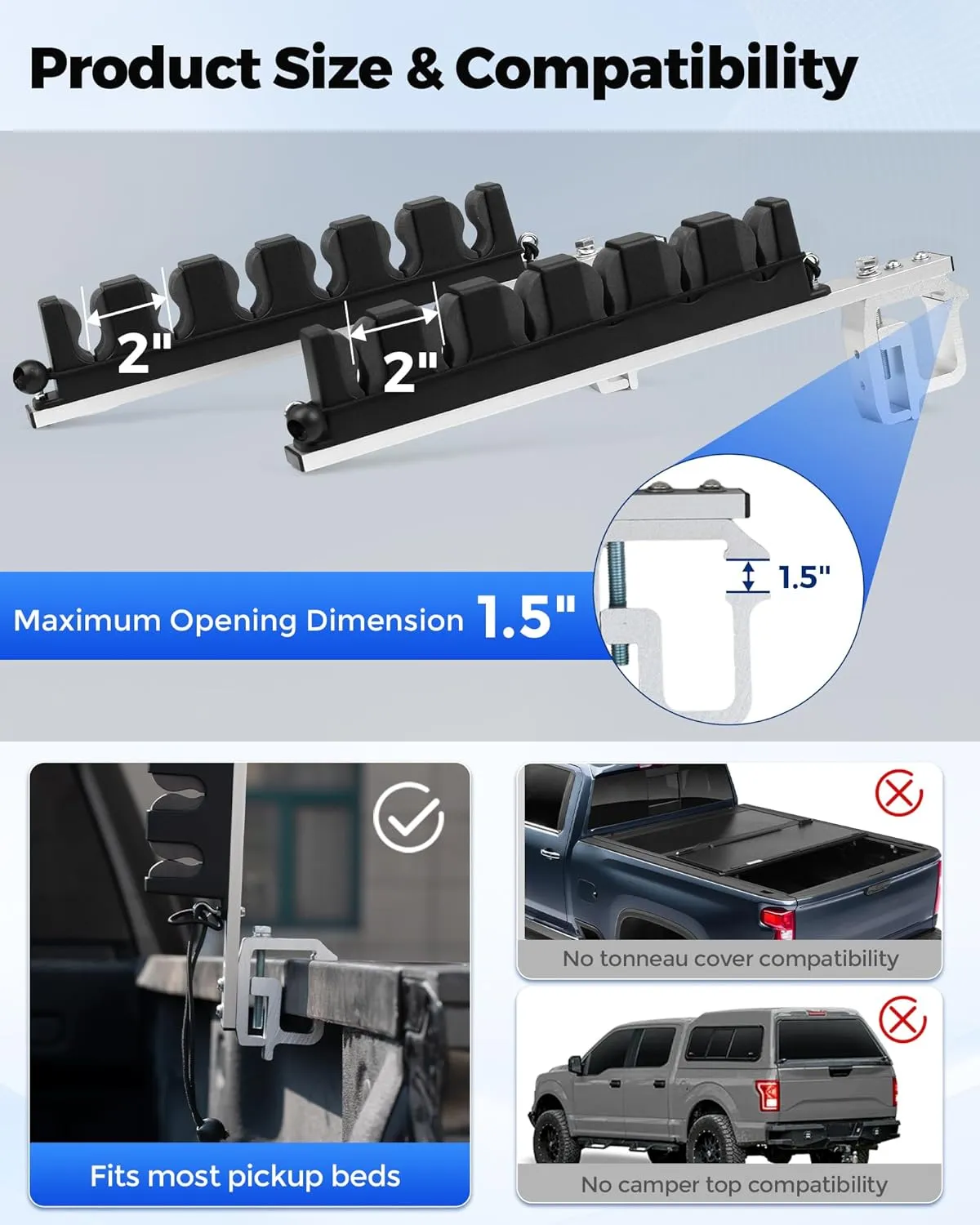 Aluminum Clamp on Fly Fishing Rod Holders for Truck Bed, Holds Fishing Rods and Reels for Pickup or Boat