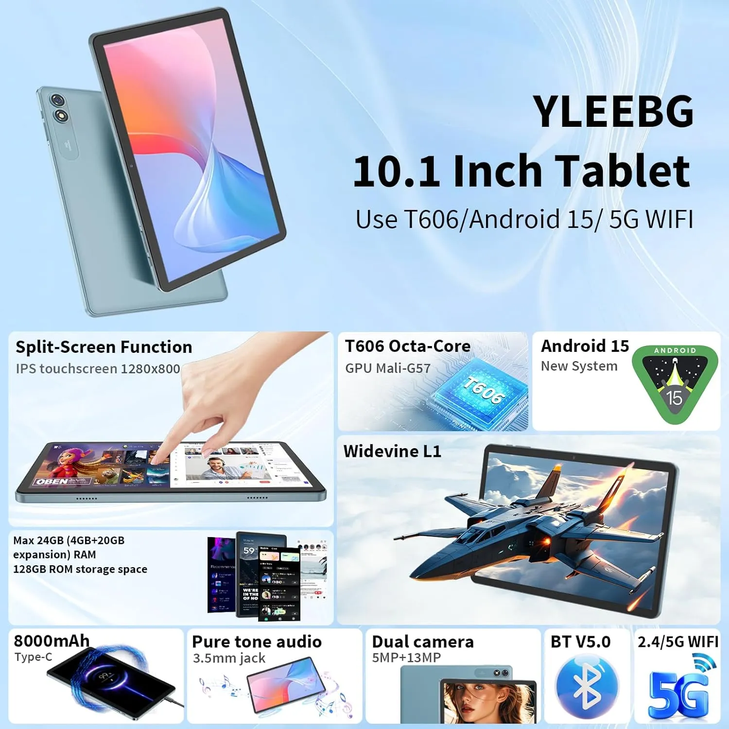 Android Tablet with Keyboard,10 inch Android 15 tablet, 24GB RAM 128GB ROM, 1TB Expand, Octa-Core, Widevine L1, 2.4G/5G WiFi, 8000mAh, Bluetooth, GMS, 2 in 1 Tablet with Case, Mouse, Stylus（Green）