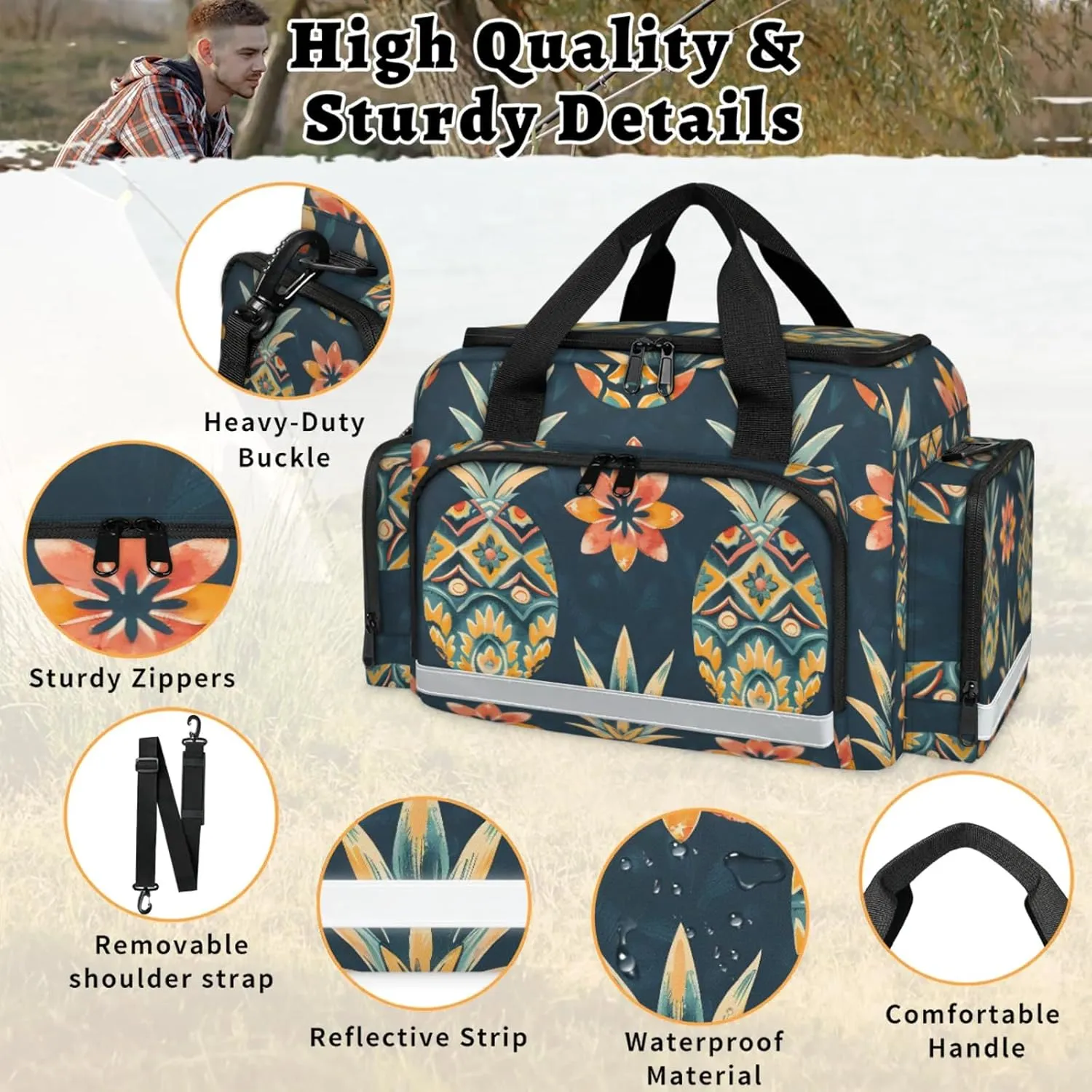 Anti-Scratch Duffle Bag for Travel 25x17.7x11.2 Inch - Waterproof Duffel Bag for Camping Fitness, Durable EMS Gear for First Responders Floral Pineapples