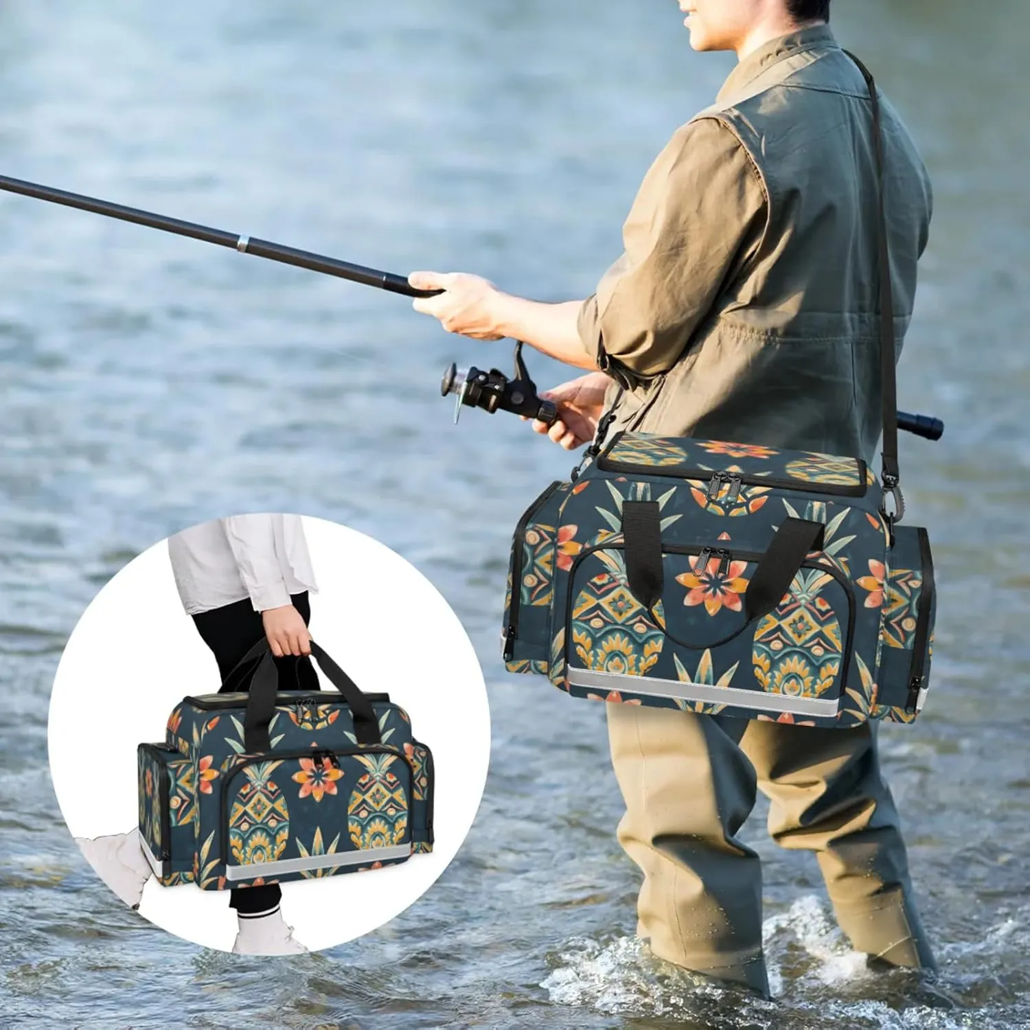 Anti-Scratch Duffle Bag for Travel 25x17.7x11.2 Inch - Waterproof Duffel Bag for Camping Fitness, Durable EMS Gear for First Responders Floral Pineapples