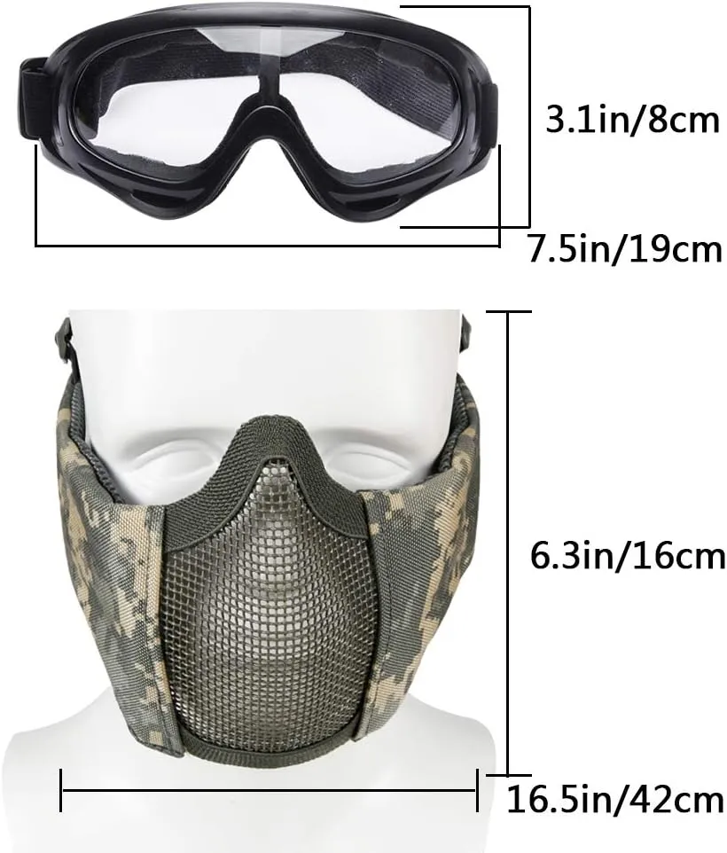 AOUTACC Airsoft Protective Gear Set, Half Face Mesh Mask with Ear Protection and Tactical Goggles for Adult Men Women BBS Paintball Shooting CS Survival Games Cosplay