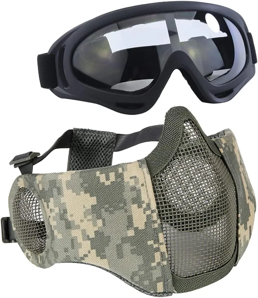 AOUTACC Airsoft Protective Gear Set, Half Face Mesh Mask with Ear Protection and Tactical Goggles for Adult Men Women BBS Paintball Shooting CS Survival Games Cosplay