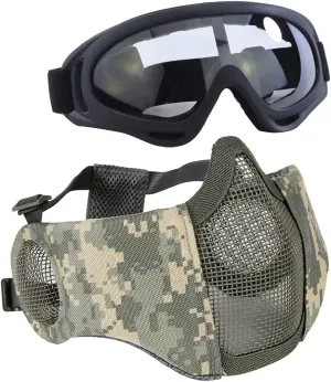 AOUTACC Airsoft Protective Gear Set, Half Face Mesh Mask with Ear Protection and Tactical Goggles for Adult Men Women BBS Paintball Shooting CS Survival Games Cosplay