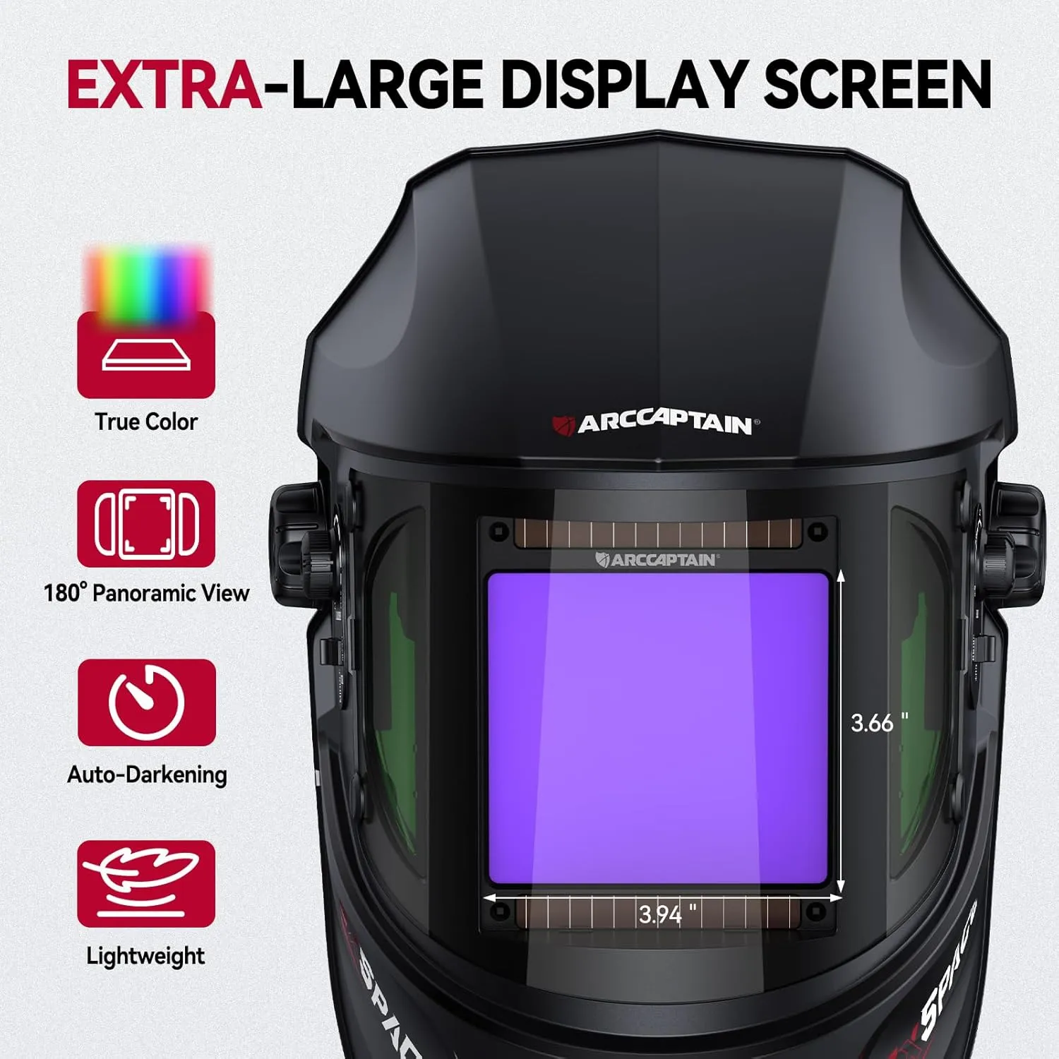 ARCCAPTAIN Auto Darkening Welding Helmet with Side View, 180° Panoramic View, 1/1/1/1 True Color Large Viewing Welding Hood with 4 Arc Sensor Solar Powered, Wide Shade 4/5-9/9-13 for TIG MIG ARC CUT