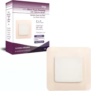 Areza Medical - Silver Foam Wound Dressing Pad- Sterile - 4" X 4" (10 cm X 10 cm) - Adhesive Border - 10 PCS per Box - FSA/HSA Approved
