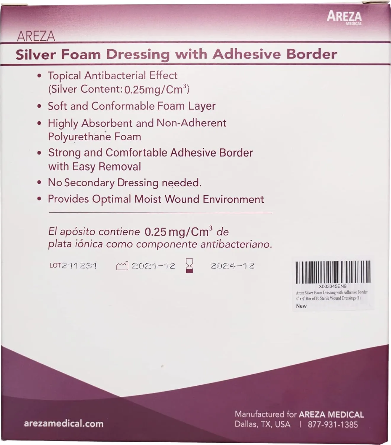 Areza Medical - Silver Foam Wound Dressing Pad- Sterile - 4" X 4" (10 cm X 10 cm) - Adhesive Border - 10 PCS per Box - FSA/HSA Approved