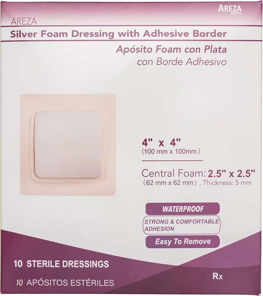 Areza Medical - Silver Foam Wound Dressing Pad- Sterile - 4" X 4" (10 cm X 10 cm) - Adhesive Border - 10 PCS per Box - FSA/HSA Approved