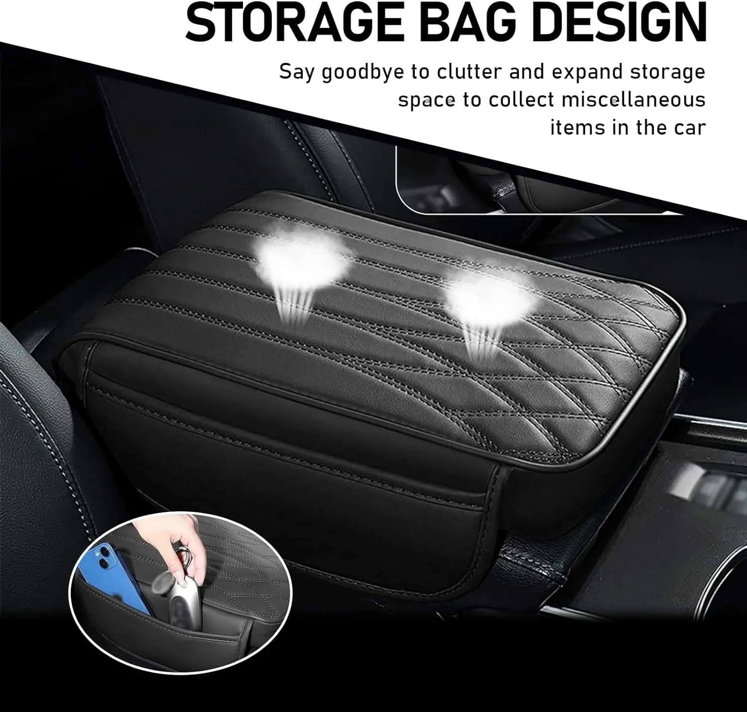Armrest Cover, Memory Foam Relieve Stress Center Console Pad, Anti-Slip Breathable Leather Storage Box Cover with Storage Bag, Universal for Most Cars Interior Protection Accessories (Black)