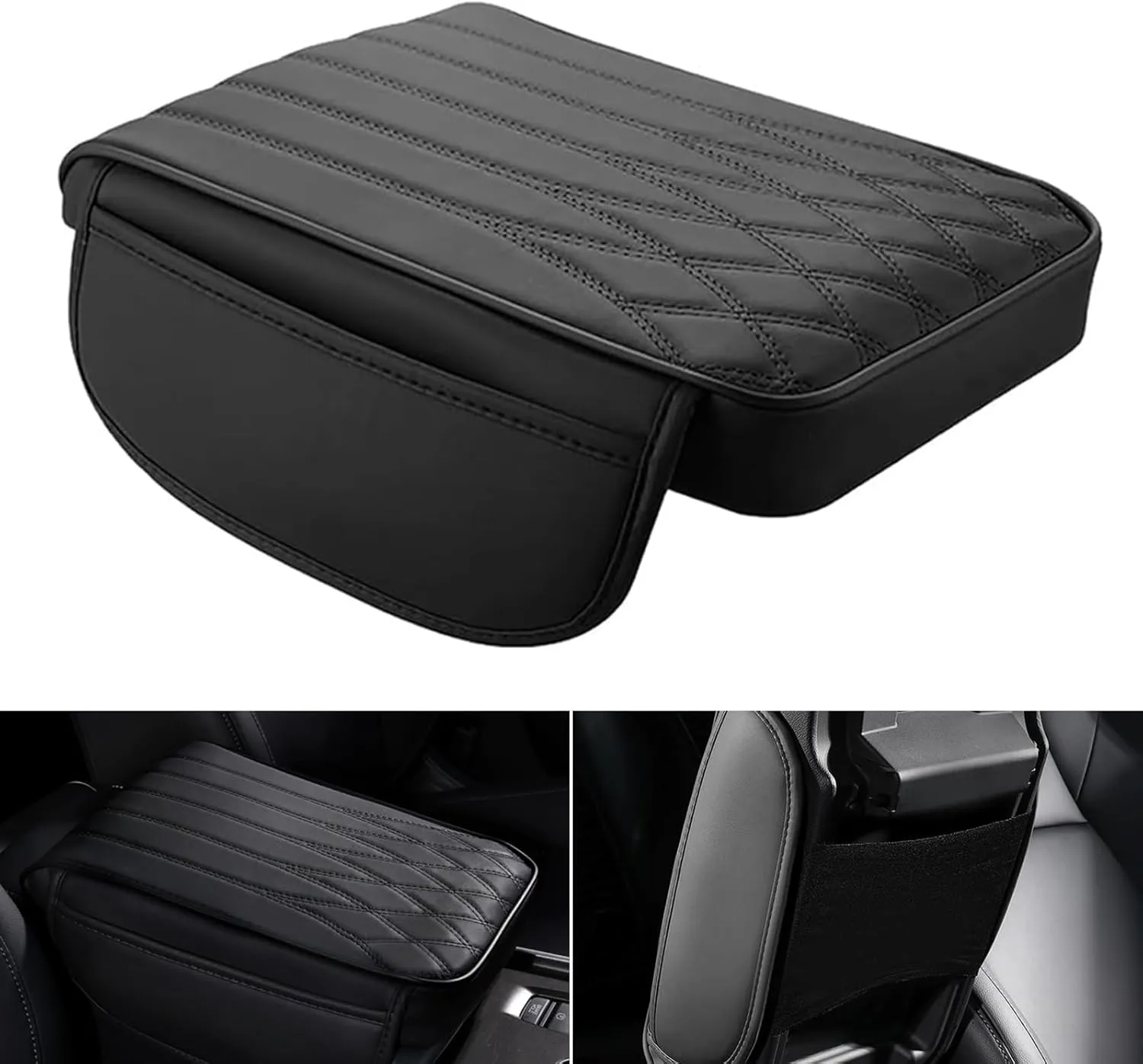Armrest Cover, Memory Foam Relieve Stress Center Console Pad, Anti-Slip Breathable Leather Storage Box Cover with Storage Bag, Universal for Most Cars Interior Protection Accessories (Black)