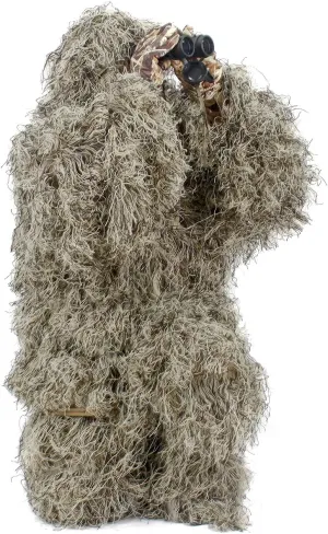 AUSCAMOTEK Ghillie Suit for Men Gilly Suit for Hunting Halloween Costume Airsoft Paintball Hood Rifle Wrap Included- M/L Dry Grass