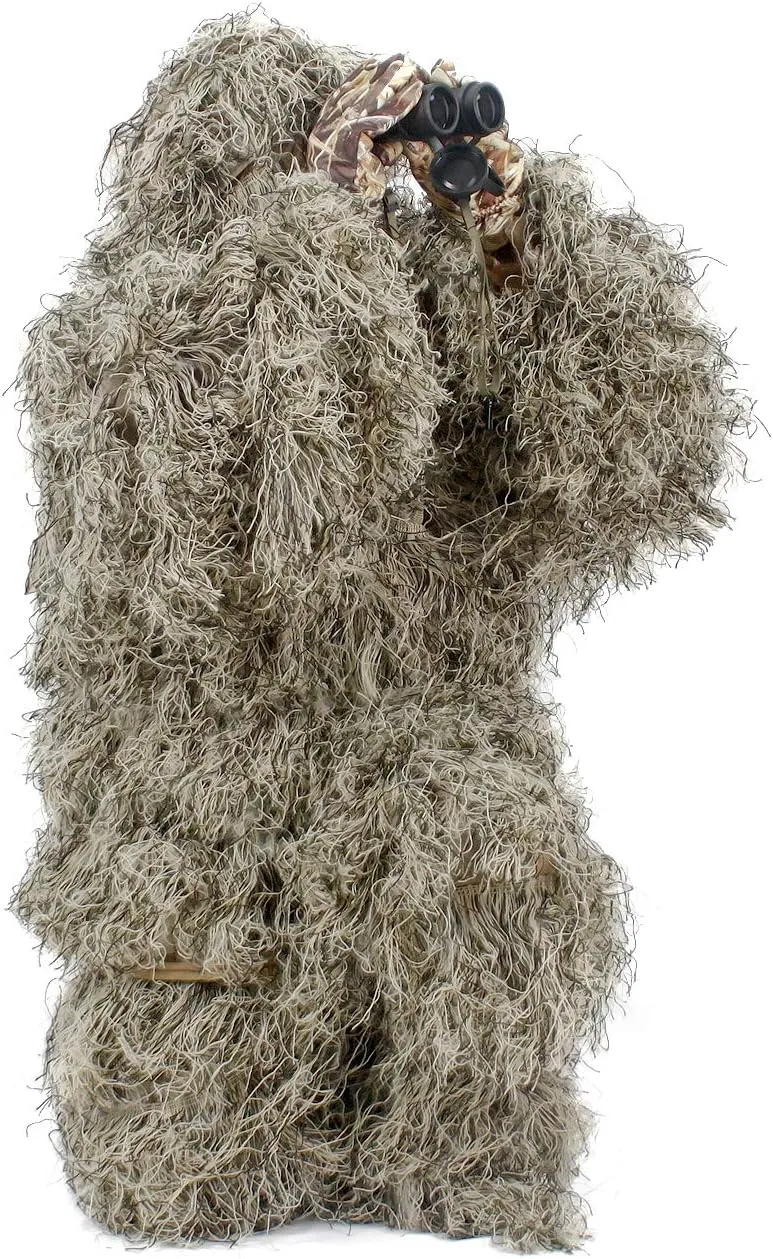 AUSCAMOTEK Ghillie Suit for Men Gilly Suit for Hunting Halloween Costume Airsoft Paintball Hood Rifle Wrap Included- M/L Dry Grass