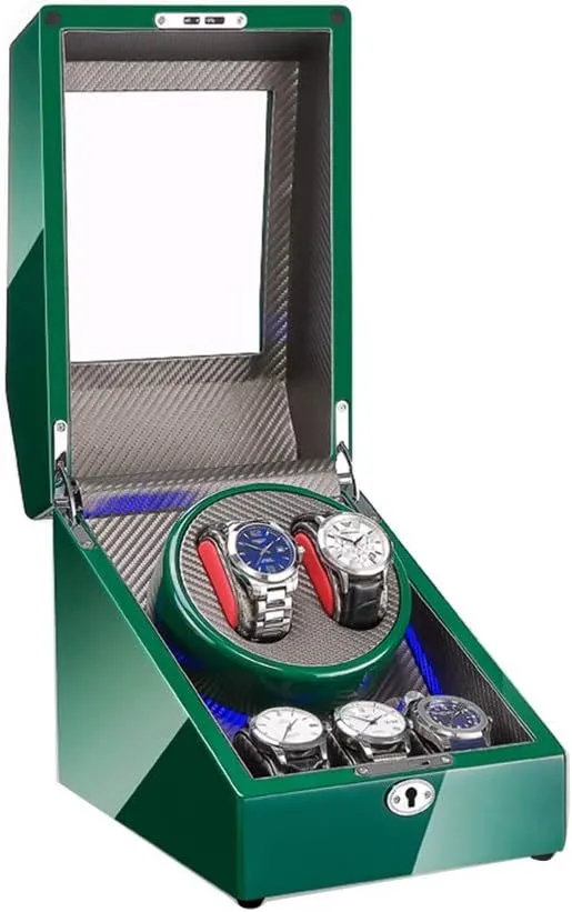 Automatic Watch Winder Box 2 3, with Blue LED Light, Green Piano Paint Exterior, 4 Rotation Modes, Quite Motors Watch Winder Display Watch Box Watch Storage Gift