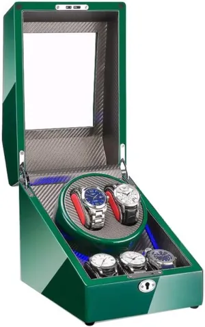 Automatic Watch Winder Box 2 3, with Blue LED Light, Green Piano Paint Exterior, 4 Rotation Modes, Quite Motors Watch Winder Display Watch Box Watch Storage Gift