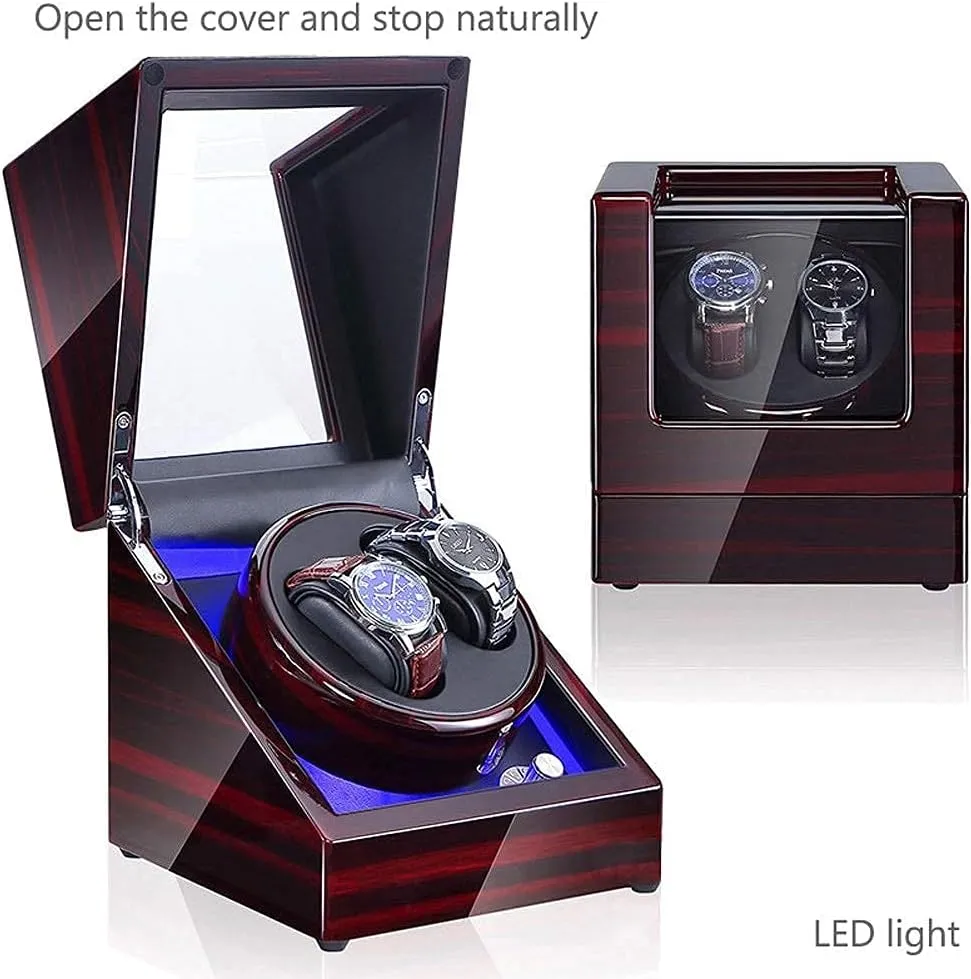 Automatic Watch Winder Box Watch Double Automatic Watch Winder Box, LED Switch 5-Speed Adjustment Mode Wooden Luxury Storage Case for 2 Wrist Watches，E