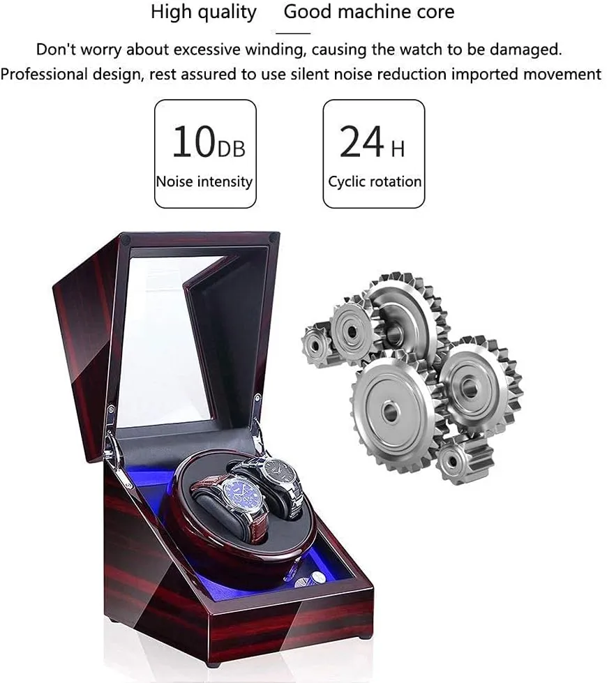 Automatic Watch Winder Box Watch Double Automatic Watch Winder Box, LED Switch 5-Speed Adjustment Mode Wooden Luxury Storage Case for 2 Wrist Watches，E