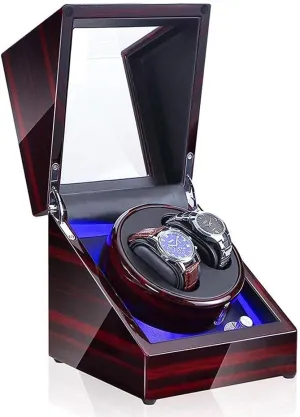 Automatic Watch Winder Box Watch Double Automatic Watch Winder Box, LED Switch 5-Speed Adjustment Mode Wooden Luxury Storage Case for 2 Wrist Watches，E