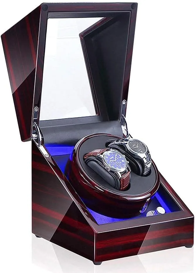Automatic Watch Winder Box Watch Double Automatic Watch Winder Box, LED Switch 5-Speed Adjustment Mode Wooden Luxury Storage Case for 2 Wrist Watches，E