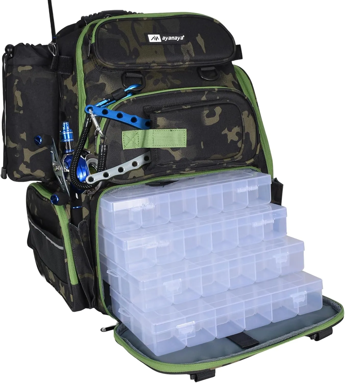 ayamaya 45L Fishing Backpack with 4 Tackle Boxes, Large Tackle Backpack with Rod Holders, Rubber Feet, Outdoor Multifunctional Fishing Bag Gear & Equipment for Camping, Hiking