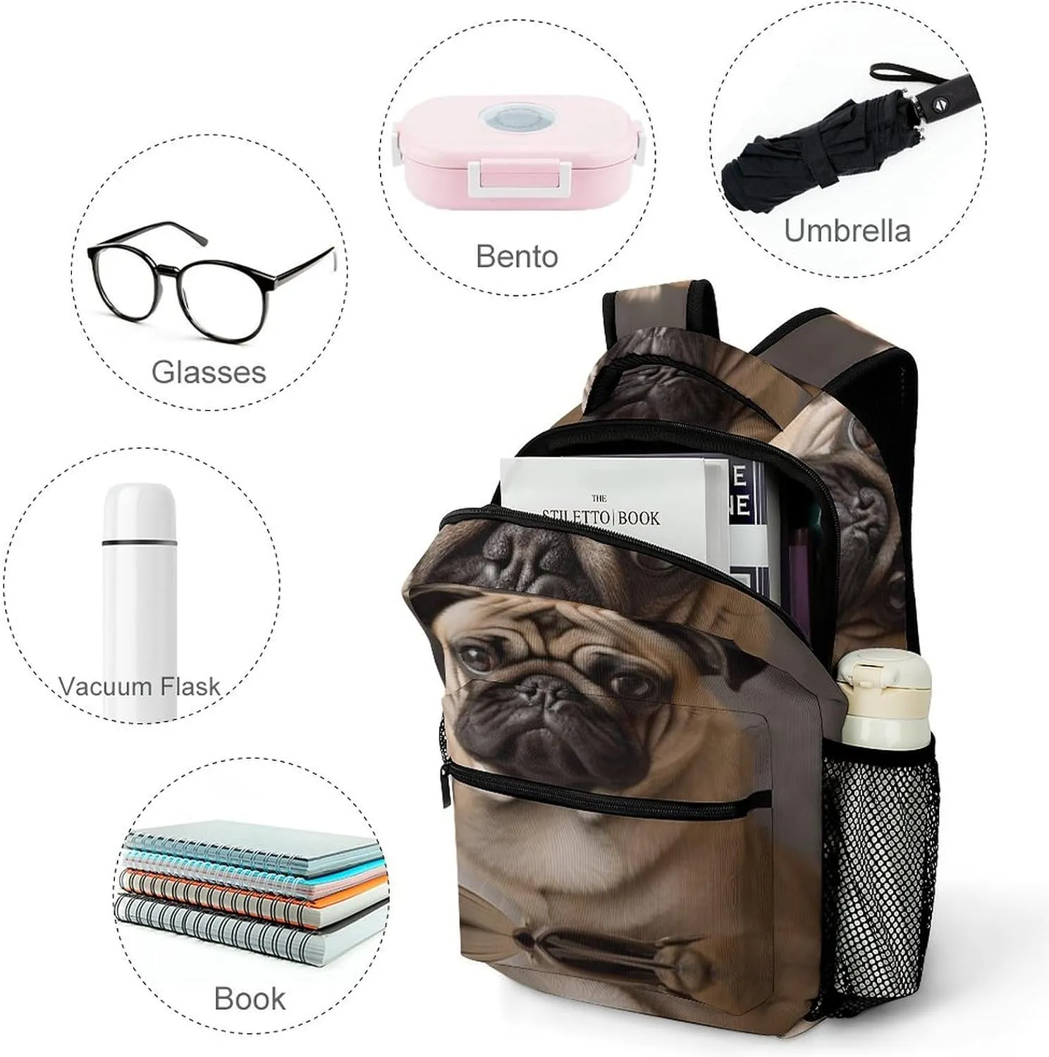 Backpacks Animal Pug Dog Travel Bag Laptop Backpack Casual Daypack for Weekender Business Hiking