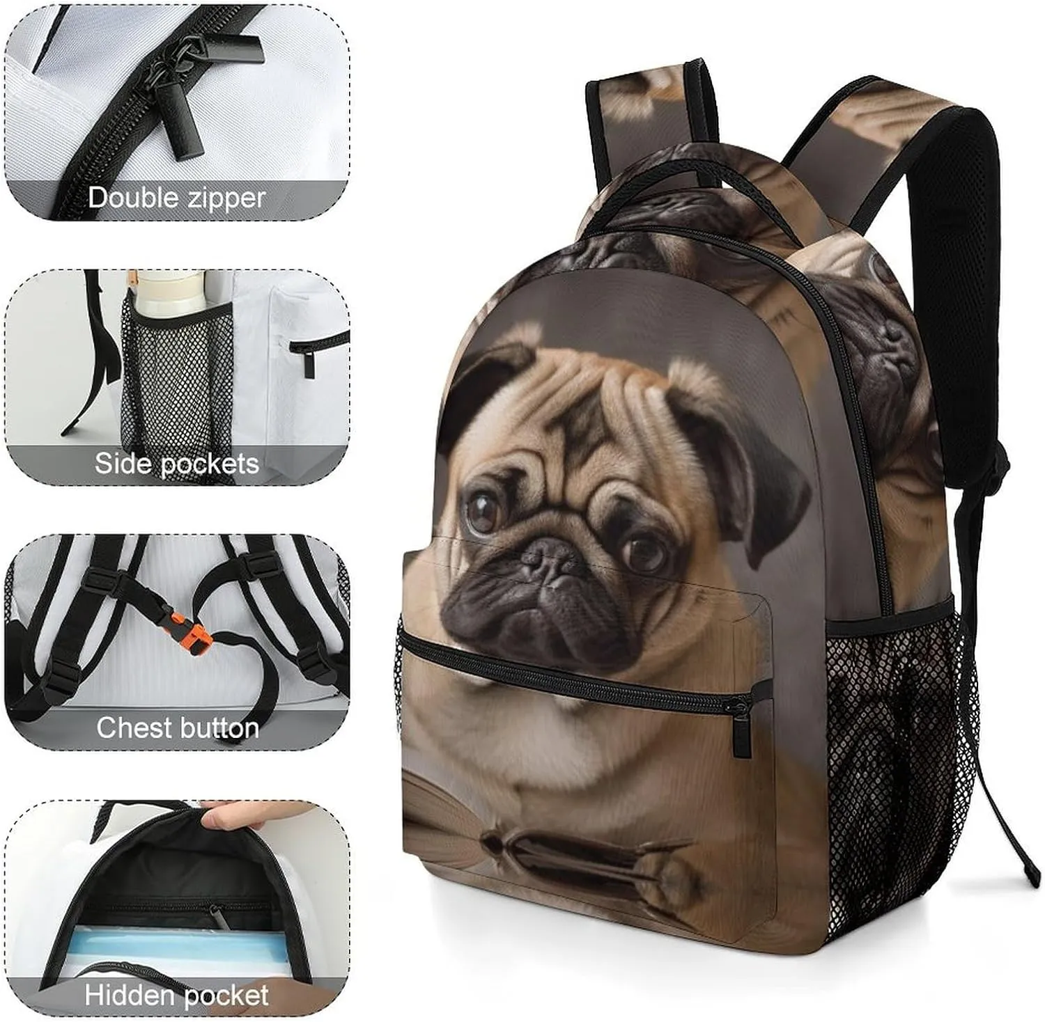 Backpacks Animal Pug Dog Travel Bag Laptop Backpack Casual Daypack for Weekender Business Hiking